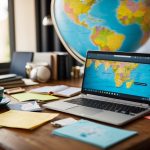 A cluttered desk with a laptop, notebook, map, and travel guides. Post-it notes with destination names and colorful push pins on a world map