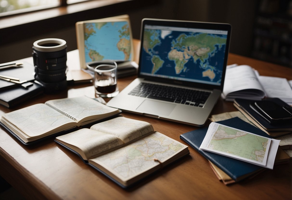 A cluttered desk with maps, guidebooks, and a laptop. A notebook open with lists and itineraries. A travel journal and pens scattered around