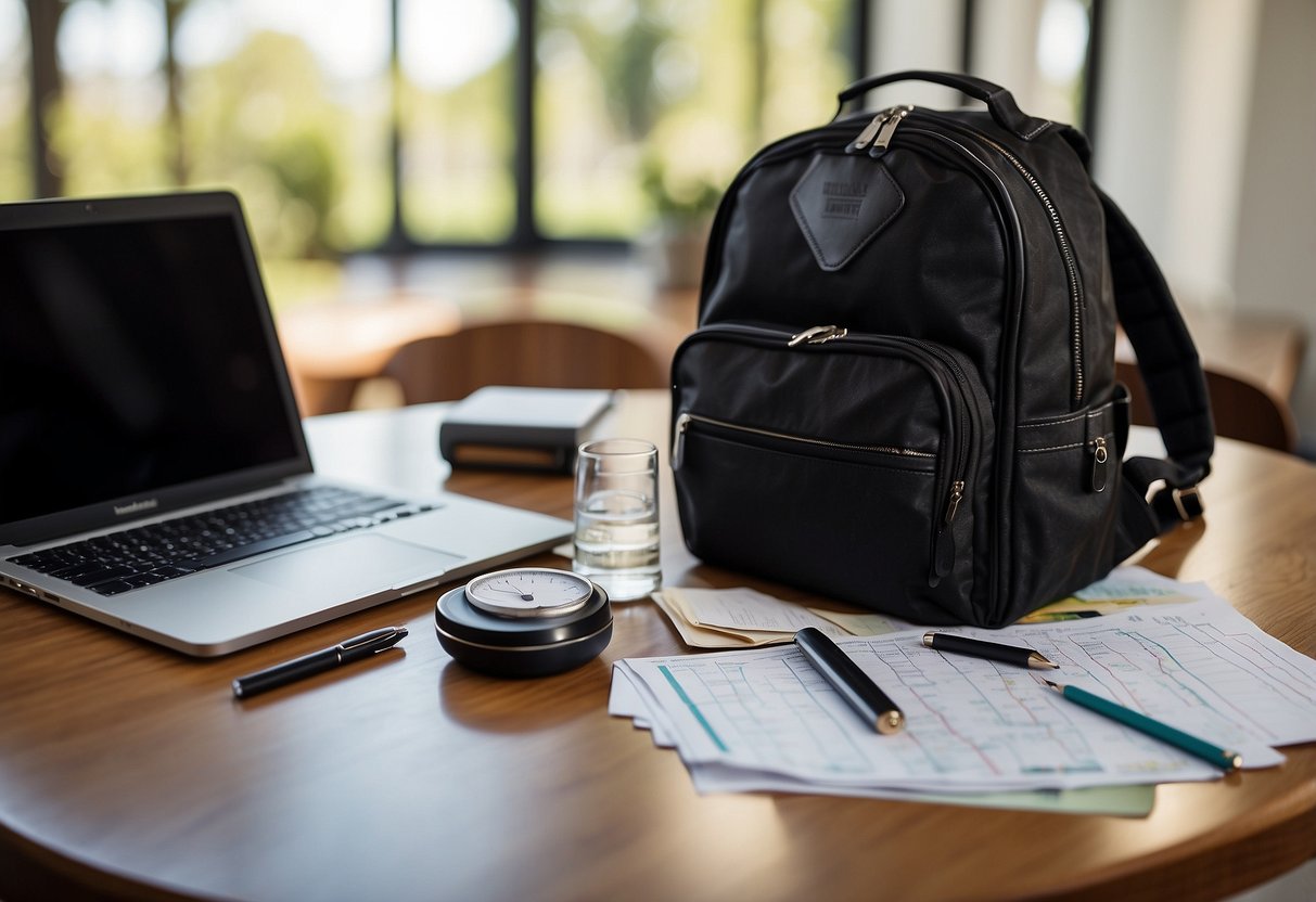 A table with maps, notebooks, and pens. A laptop open to a budgeting spreadsheet. A calendar with dates circled. A backpack packed with essentials