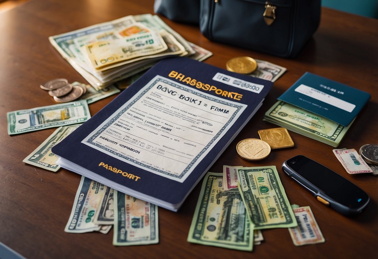 Passport, boarding pass, and money-saving tips scattered on a table. Luggage with travel stickers nearby. Airport and flight signs in the background