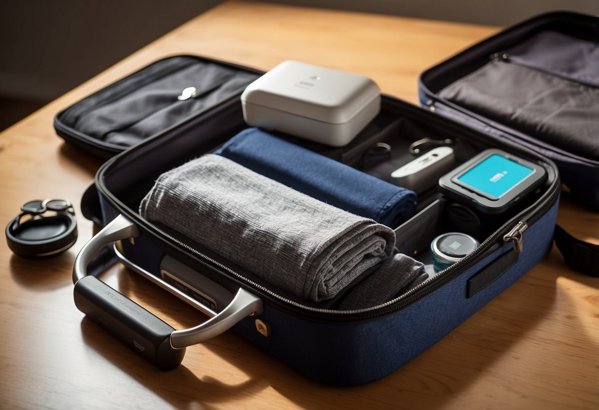 A suitcase open with neatly folded clothes, a compact travel-sized toiletry kit, a portable charger, a reusable water bottle, and a guidebook. A map and a list of budget-friendly accommodation options