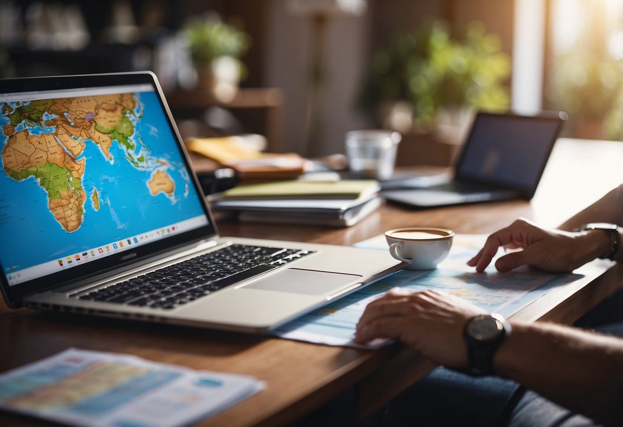 A person sits at a desk with a laptop, researching flights and accommodation. Maps and travel guides are spread out, with notes and a calendar nearby