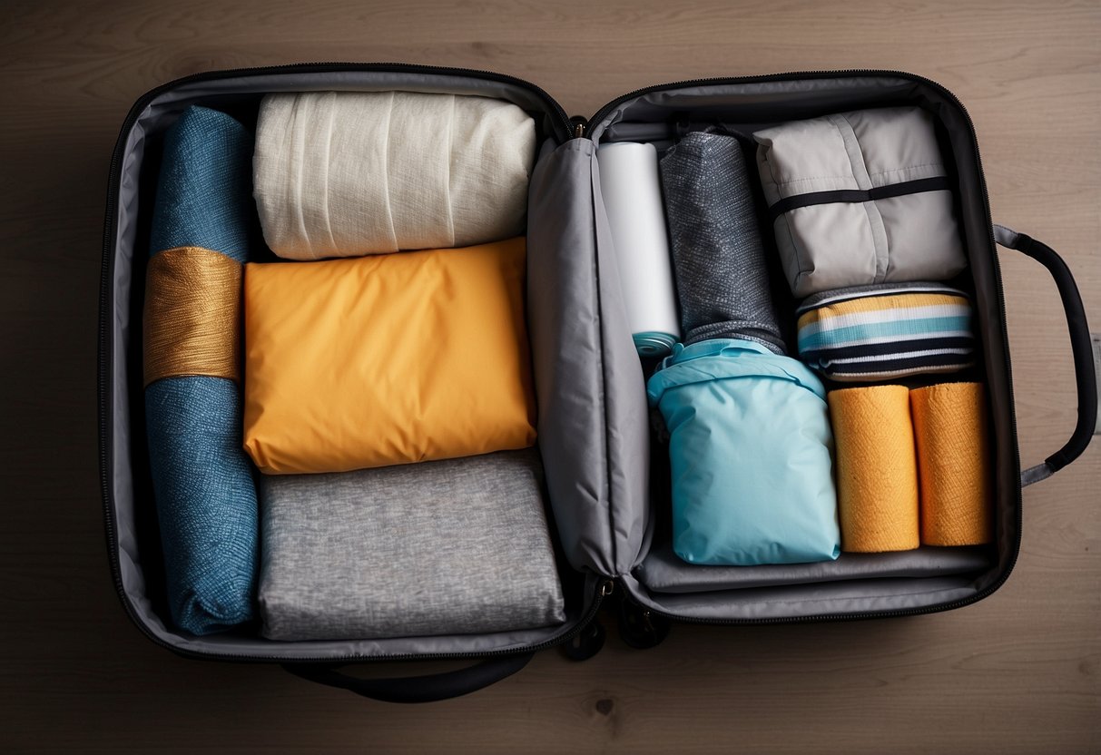 Items neatly folded and rolled into compact bundles, fitting snugly into a small suitcase. Compression bags used to condense bulky items. Efficient use of space with organized packing