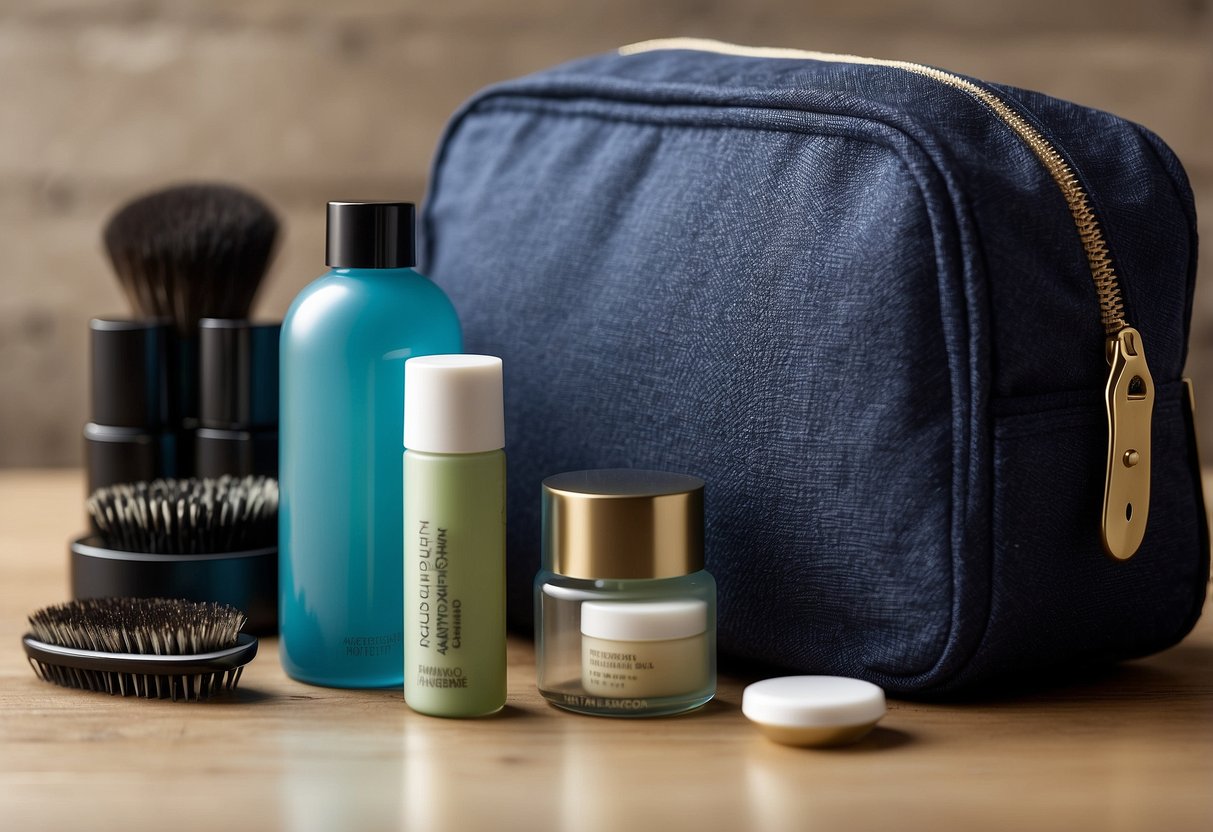 A compact toiletry bag with travel-sized containers, toothbrush, and mini hairbrush arranged neatly next to a folded travel towel and a small personal care kit