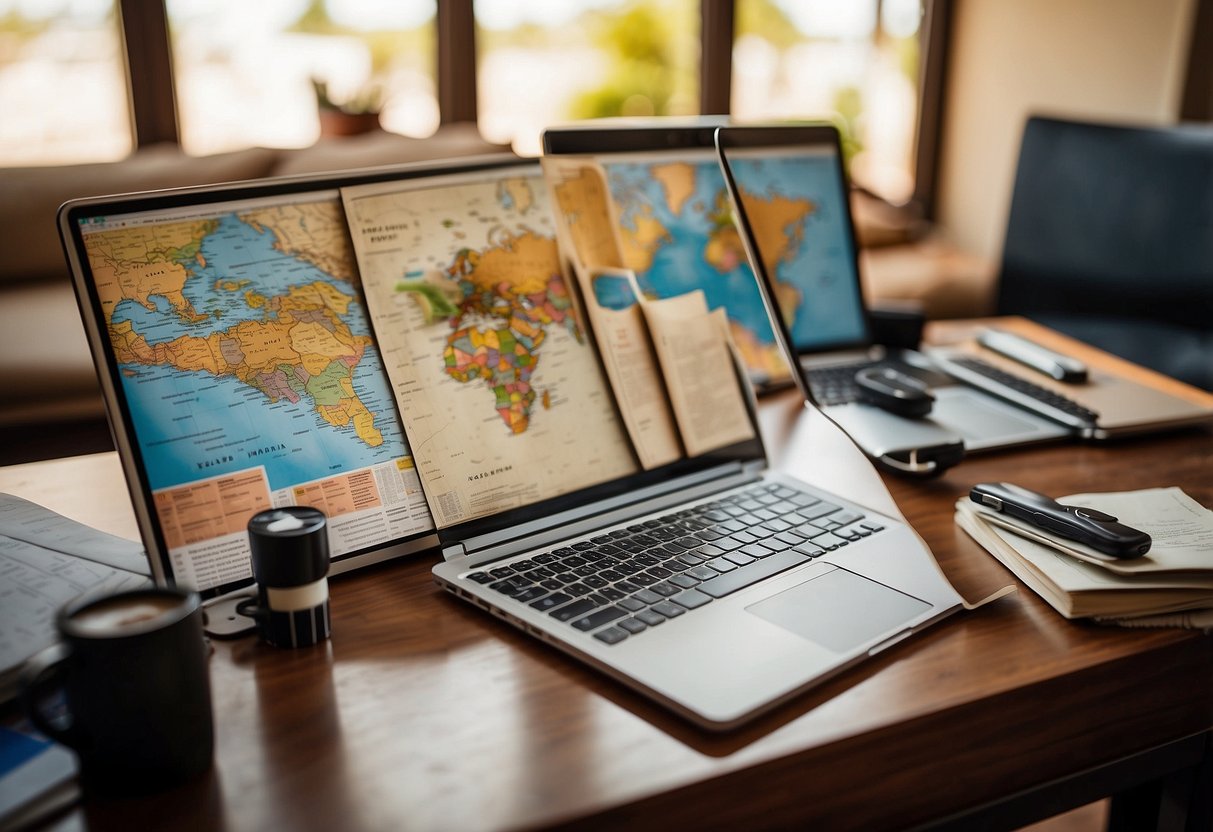 A map spread out on a table with markers and notes, guidebooks and checklists scattered around, a laptop open to a travel website, and a sense of excitement and anticipation in the air