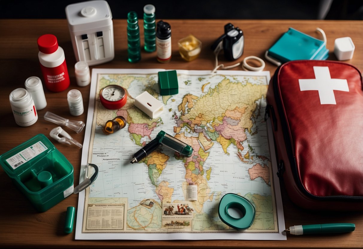 A map, first aid kit, and emergency supplies laid out on a table, with a checklist and pen nearby