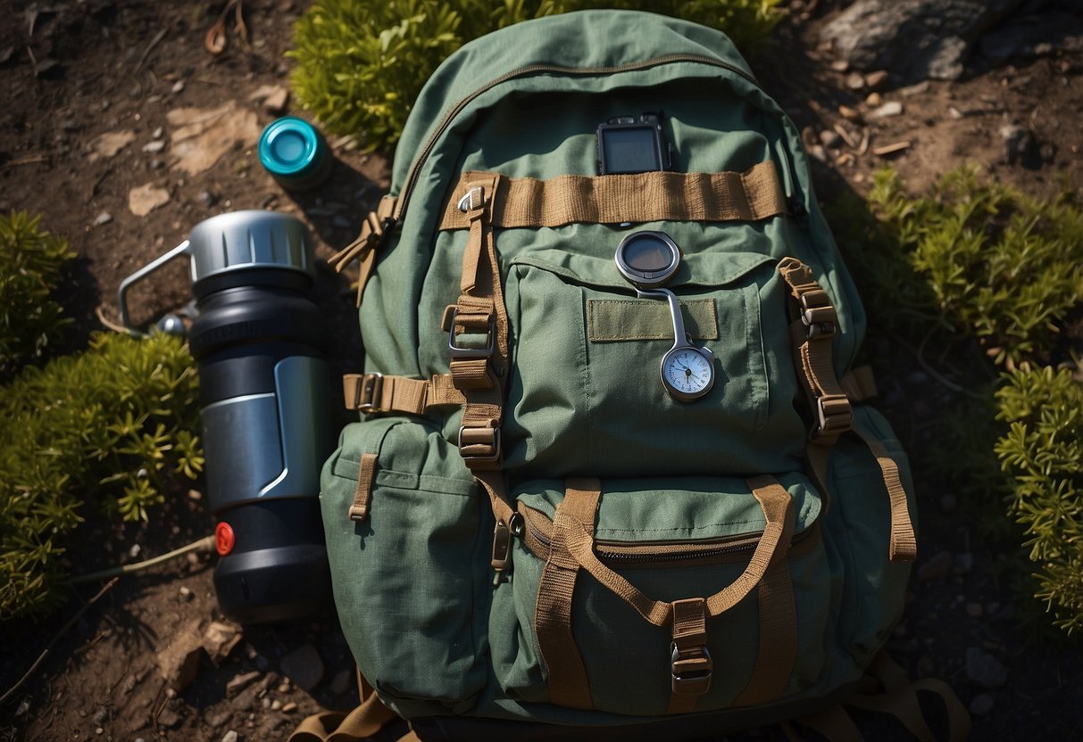 A traveler's backpack with a map, compass, and first aid kit. A sturdy pair of hiking boots and a portable water bottle. A flashlight and a whistle attached to the backpack