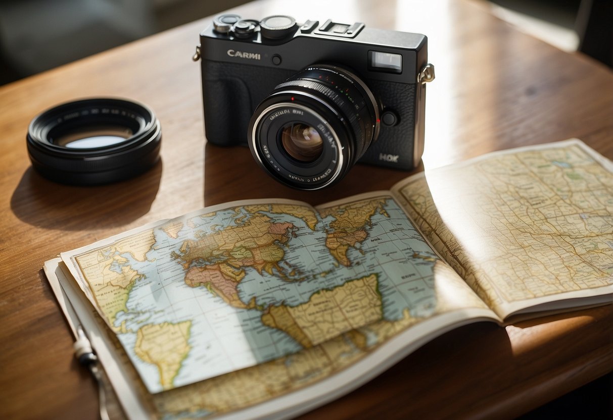 A camera, map, and notebook laid out on a wooden table with natural light streaming in through a nearby window