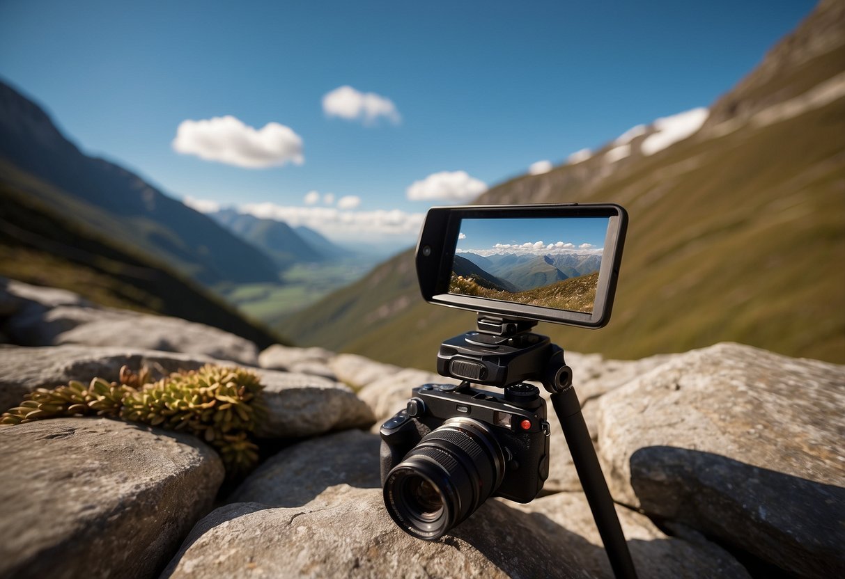 A camera on a tripod capturing a scenic landscape with unique angles and lighting. A map, sunglasses, and a travel journal are scattered nearby