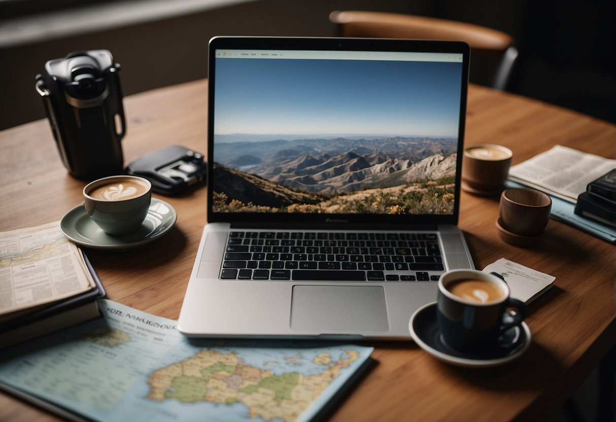 A traveler sits at a desk surrounded by maps, guidebooks, and a laptop. They are using various travel apps to plan their journey, with a cup of coffee nearby