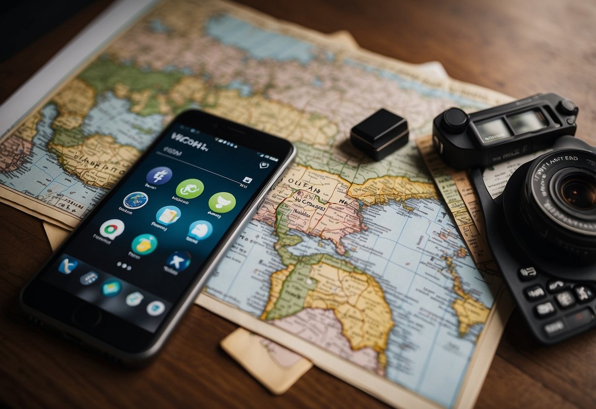 A smartphone with travel apps open, surrounded by maps, tickets, and a passport on a table