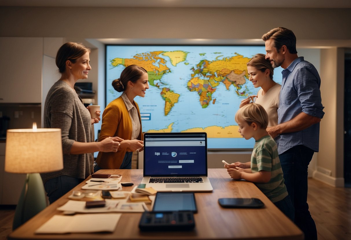 A family stands in front of a computer, researching and booking accommodations for their DIY vacation. Maps, guidebooks, and a checklist are spread out on the table