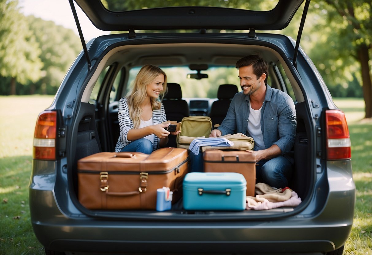 A family loads suitcases into a car trunk, while a map and itinerary sit on the front seat. A cooler and picnic basket are packed in the back, ready for a stress-free DIY vacation