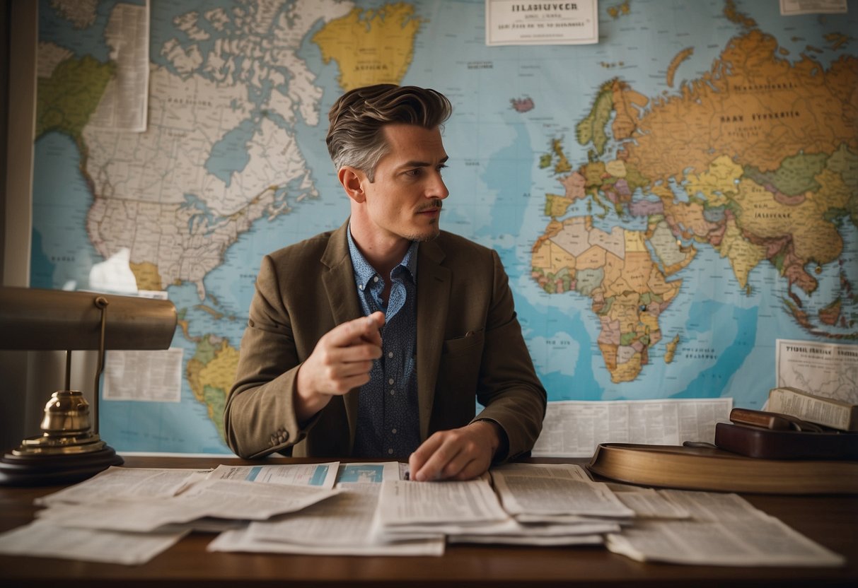 A traveler sits at a table, surrounded by maps, passports, and insurance documents. They are carefully comparing different policy options before their upcoming trip