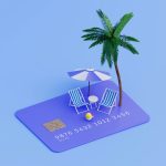 digiatal illustration of a credit cared as an island with a palm tree and beach chair and umbrella set up on it