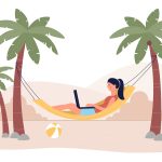 illustration of woman working on a laptop in hammock