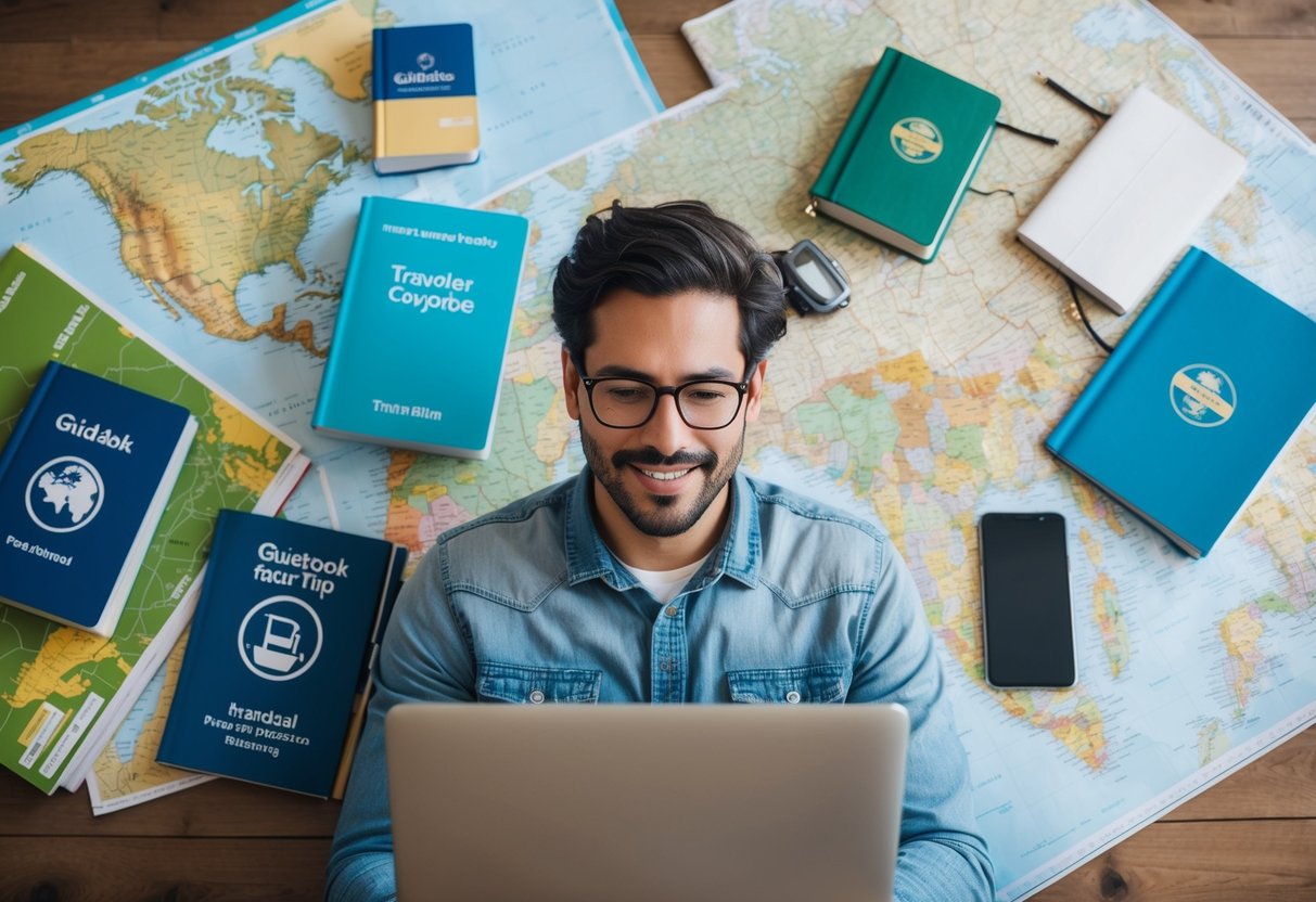 A traveler surrounded by maps, guidebooks, and a laptop, comparing prices and searching for deals for their next trip