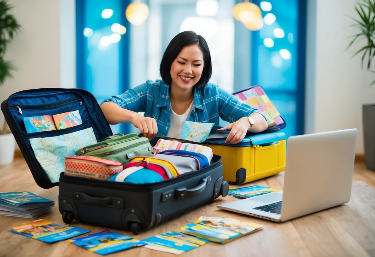 A traveler happily unpacks a suitcase filled with souvenirs and maps, surrounded by colorful travel brochures and a laptop displaying discount deals