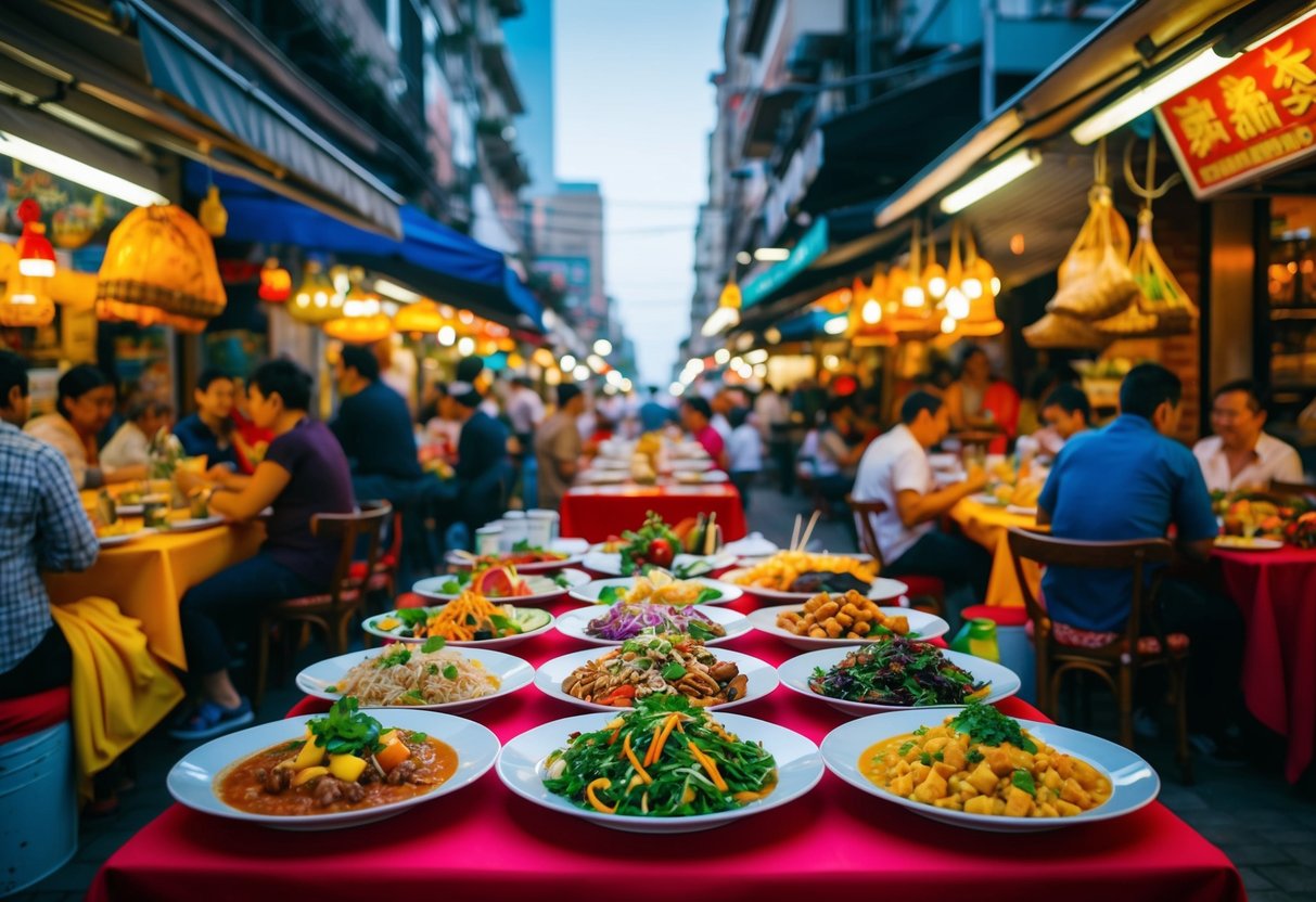 A table filled with colorful and diverse dishes from around the world, surrounded by bustling street vendors and lively outdoor dining scenes