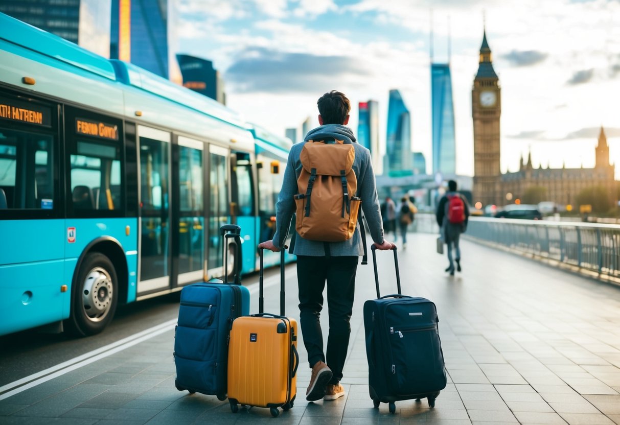 A traveler with a backpack explores various transportation options in a bustling global city, with iconic landmarks in the background