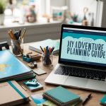 A cluttered desk with maps, notebooks, and craft supplies scattered around. A laptop open to a webpage titled "DIY Adventure Planning Guide"