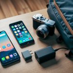 A smartphone with travel apps, a portable charger, a compact camera, a universal adapter, and a lightweight backpack laid out on a table