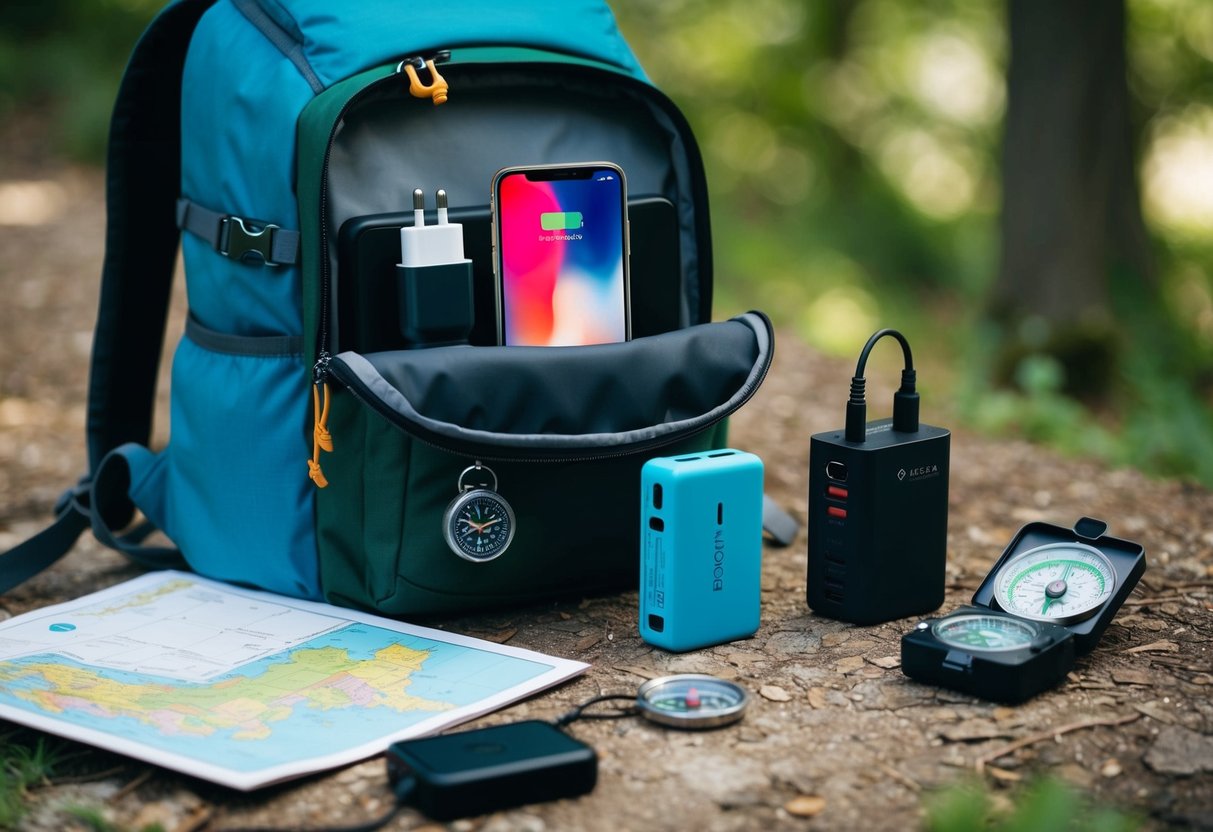 A modern explorer's backpack open, revealing a smartphone, power bank, and travel adapter. A map and compass sit nearby, surrounded by various electronic gadgets