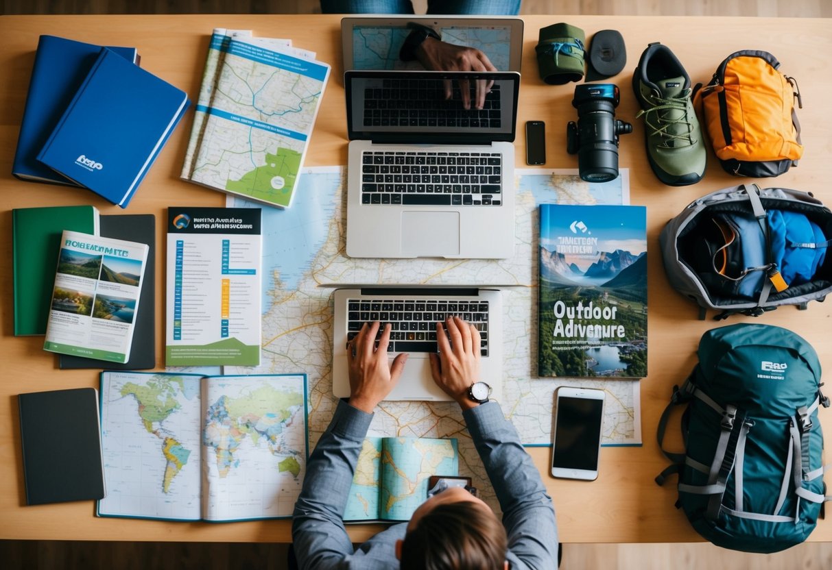 A traveler surrounded by maps, guidebooks, and a laptop, with various accommodation options and outdoor adventure gear spread out on a table