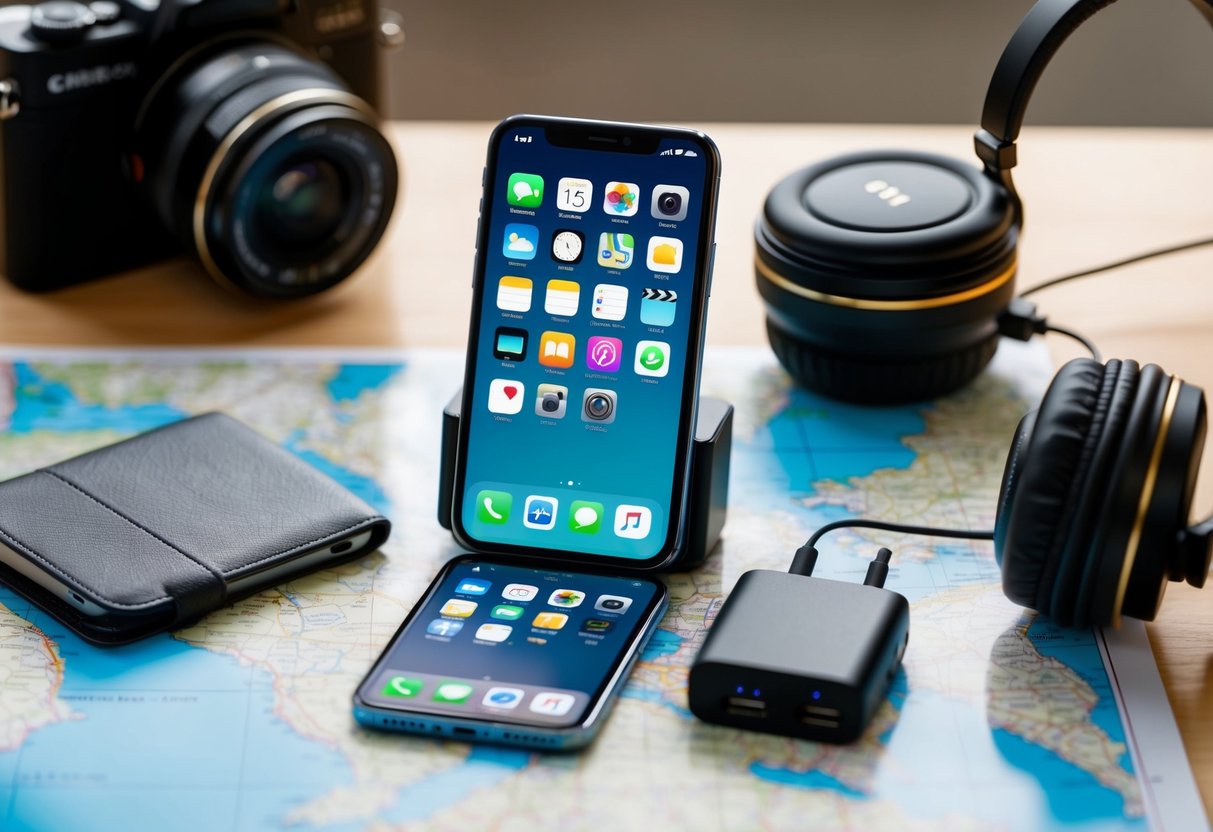 A smartphone with travel apps open, surrounded by a portable charger, camera, and headphones on a map-covered table