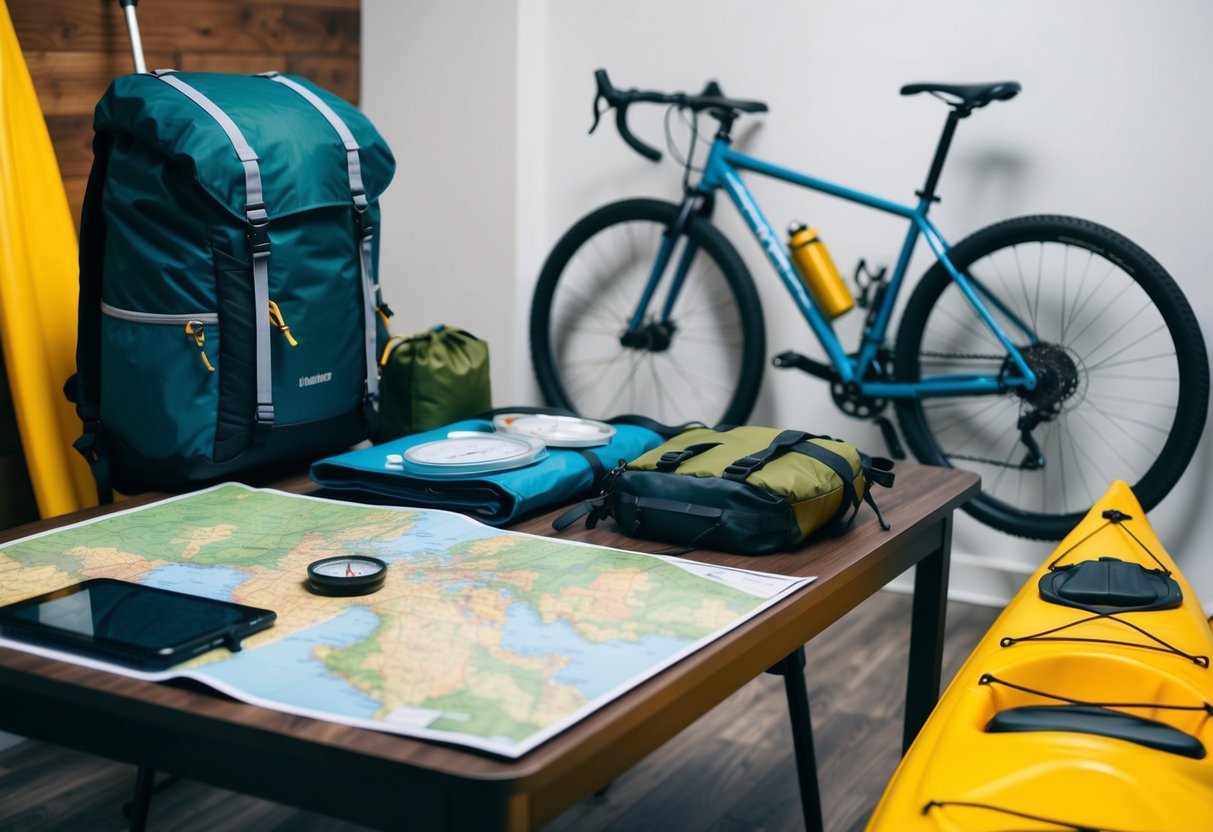 A table covered in maps, compass, and camping gear. A backpack sits ready to be packed, while a bicycle and kayak lean against the wall