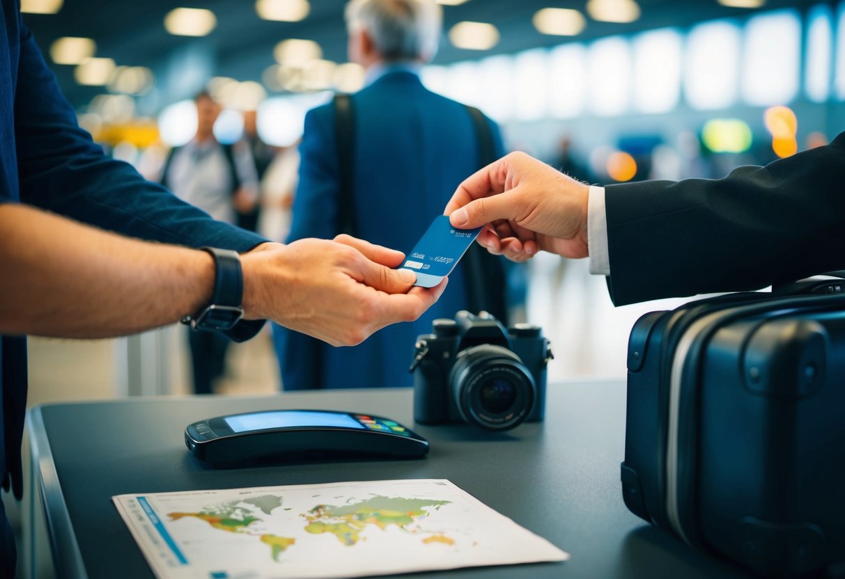 A traveler's hand swiping a credit card through a card reader at a bustling airport, with a map, camera, and suitcase nearby