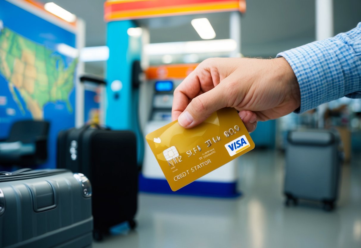 A traveler swiping a DIY travel credit card at a gas station, with a map and suitcase in the background