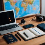 A laptop, smartphone, portable charger, passport, and travel journal laid out on a wooden desk with a world map and camera in the background