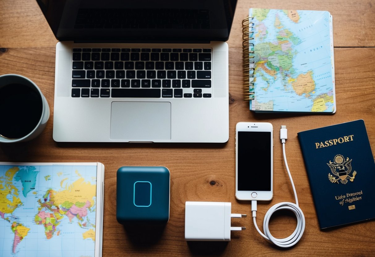 A laptop, smartphone, portable charger, and travel adapter laid out on a wooden desk next to a map and passport