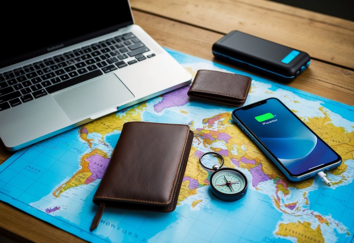 A laptop, passport, wallet, and smartphone arranged on a map with a compass and a portable charger