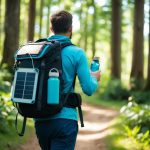 A backpacker walking through a lush forest, carrying a reusable water bottle and a map, with a solar-powered charger attached to their backpack