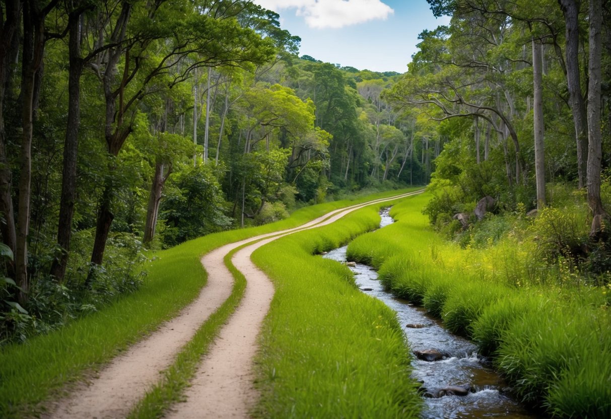 A winding path through a lush forest, with a small stream flowing alongside and a variety of wildlife peeking out from the trees