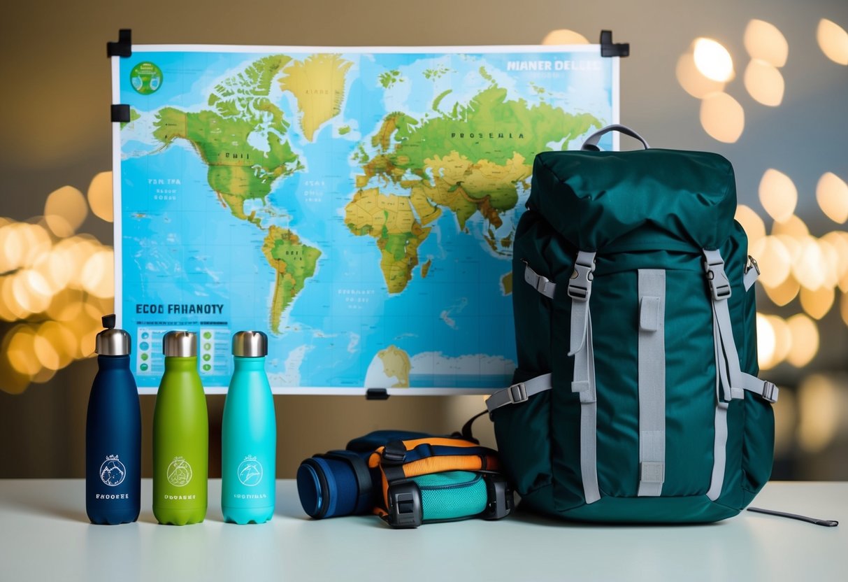 A map with eco-friendly travel destinations, reusable water bottles, and a backpack filled with sustainable gear